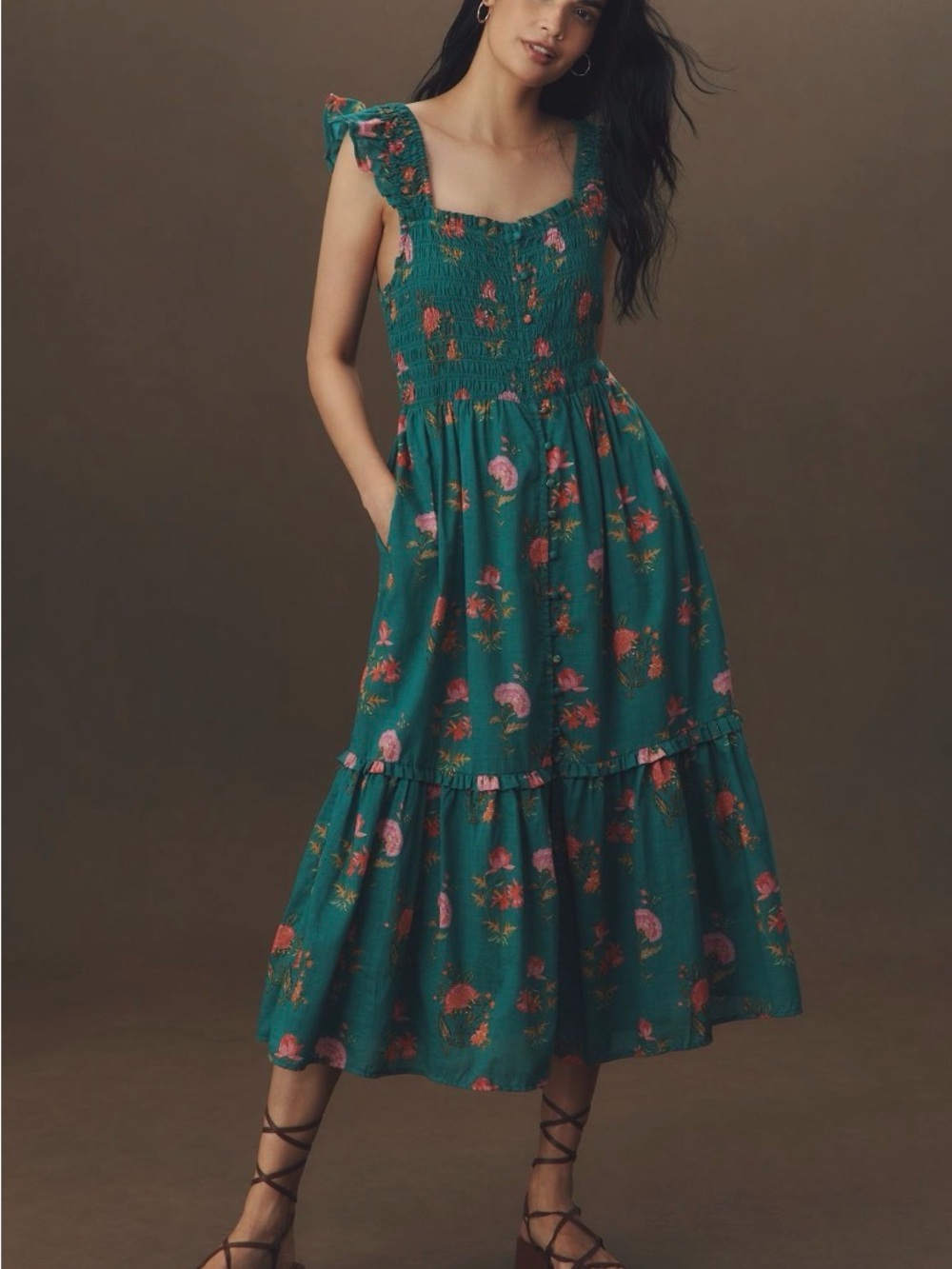 Anthropologie Peregrine Square Neck Midi Dress Pockets Smocked Flounce Teal Pink - Picture 1 of 16